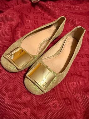 Tory Burch Metallic Gold Suede Square-Toe Flats